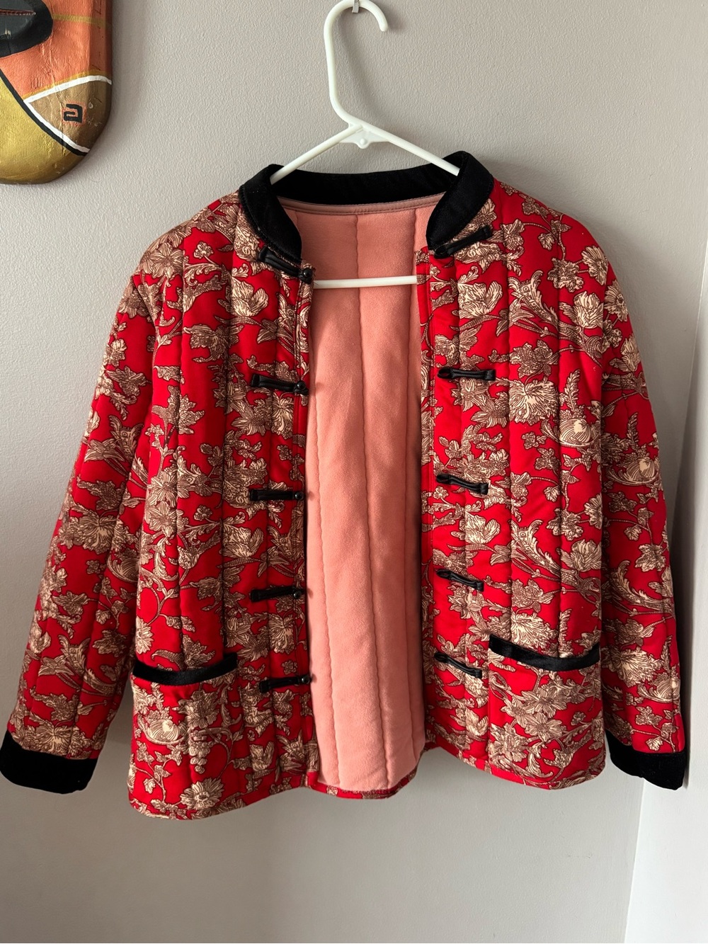 Red Floral Quilted Women's Jacket with Black Trim Mandarin Jacket